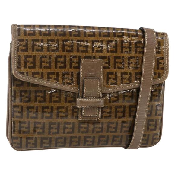 FENDI Zucchino Canvas Shoulder Bag Coated Canvas Beige Auth ep10976